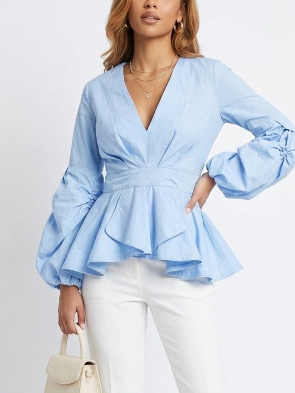 Light Blue Peplum V-Neck Blouse